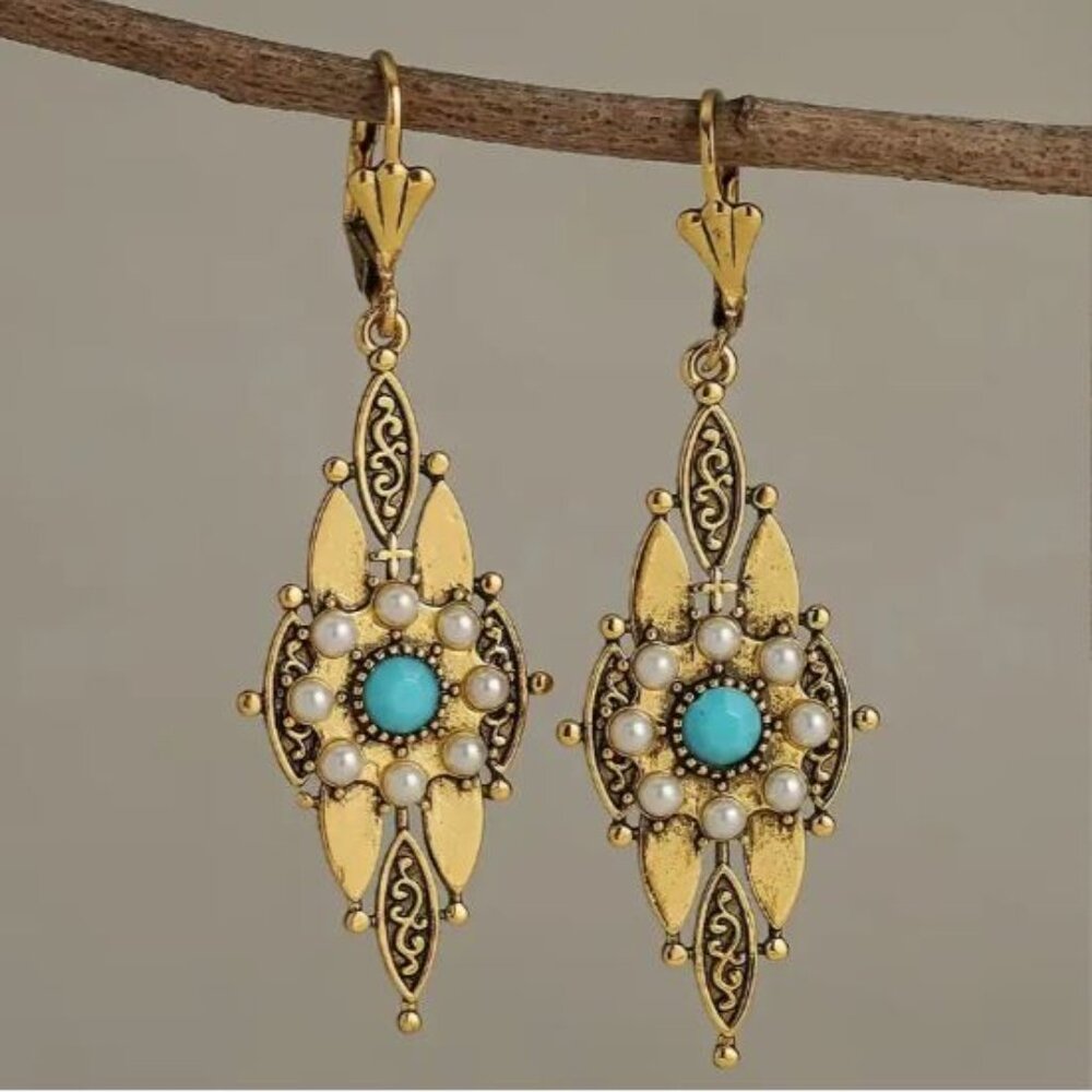 NEW Zelda Art Deco Gold Plated Seed Pearl Turquoise Drop Earrings - Picture 1 of 5